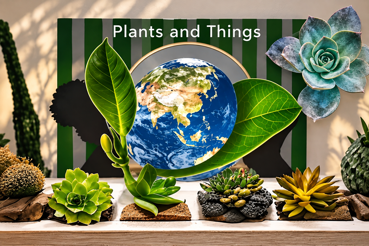 Plants and Things botanical artwork featuring a globe, leaves, and succulent arrangements